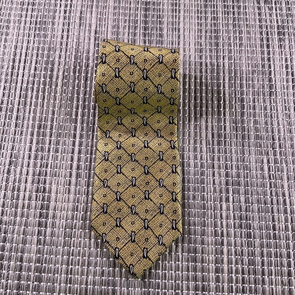 Giorgio Ferri Mens Silk Tie Yellow Paisley Geometric Grid Italy Gold Navy 58x3.7
